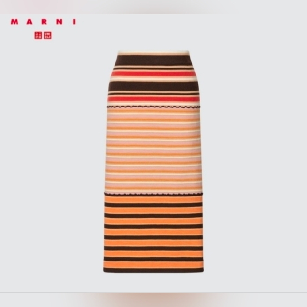 MARNI x UNIQLO MERINO BLEND STRIPED BROWN/ORANGE KNITTED MIDI SKIRT - Picture 3 of 8